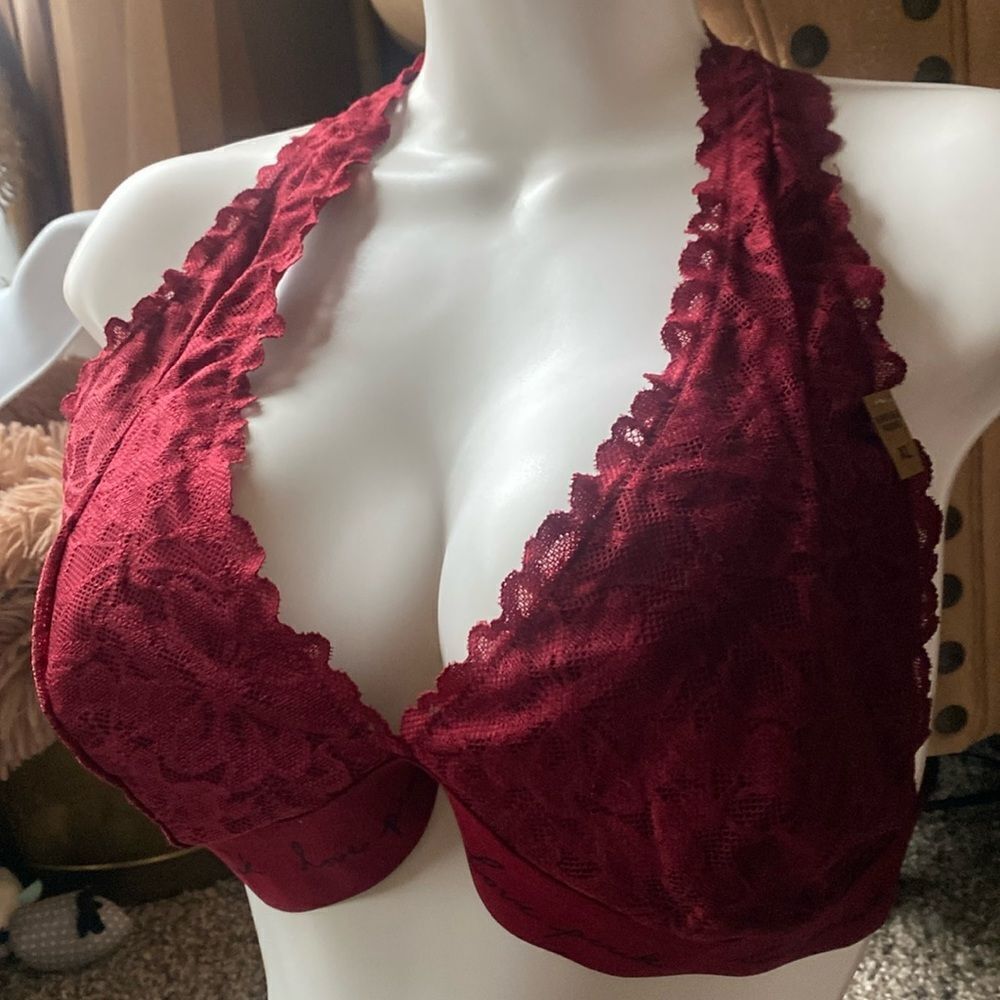 Victoria’s Secret PINK No Wire Lace Plunge Bra XL Red Maroon